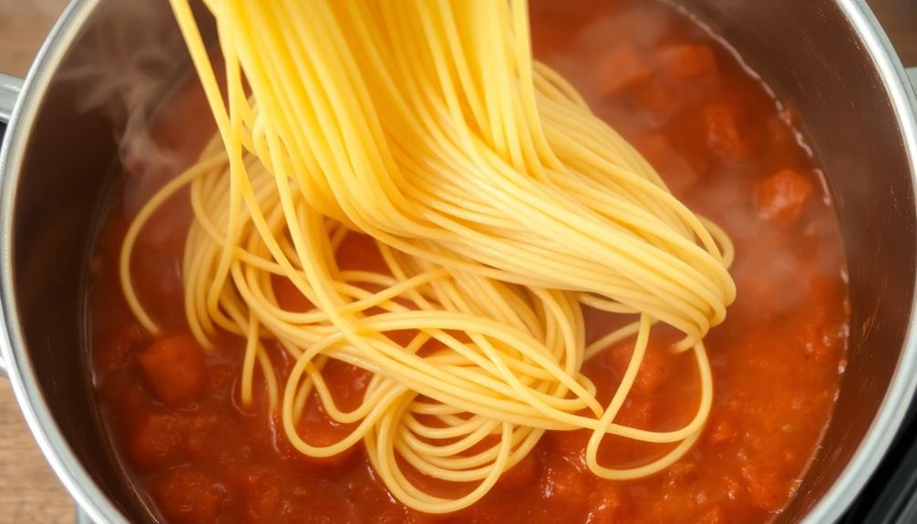 combine spaghetti with sauce